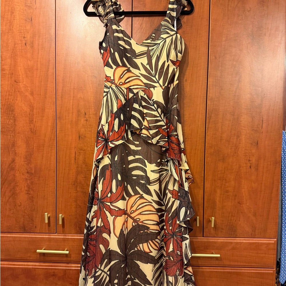 Tropical Dress in Fall colors - Orange, Brown, and Cream.